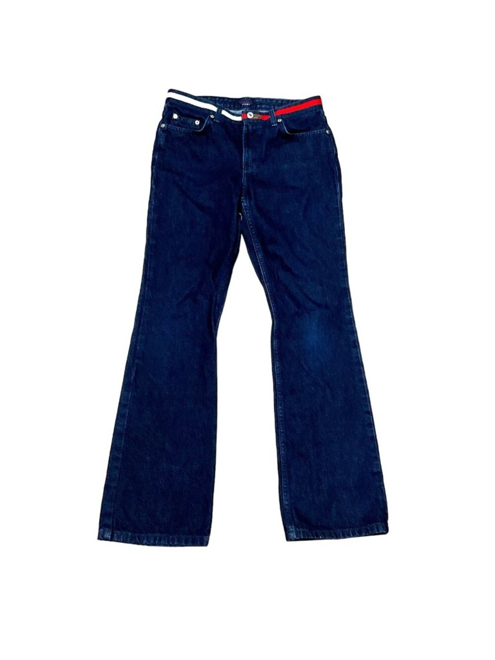 Vtg Tommy Hilfiger Y2K Hipster Flared Jeans Sz 7 Blue Flag Waistband Womens